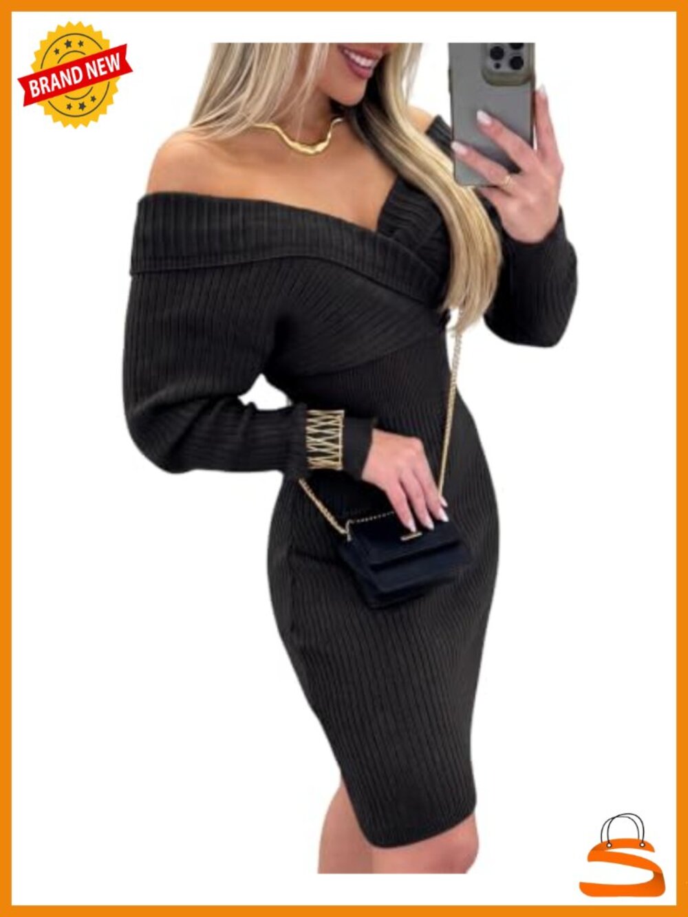 Ribbed Knit Off Shoulder Sweater Dress Long Sleeve Bodycon Midi Fall